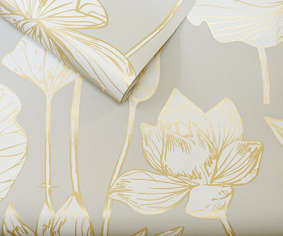 product image for Lotus Floral Peel-and-Stick Wallpaper in Gold and Grey by NextWall 31