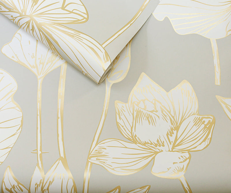 media image for Lotus Floral Peel-and-Stick Wallpaper in Gold and Grey by NextWall 254