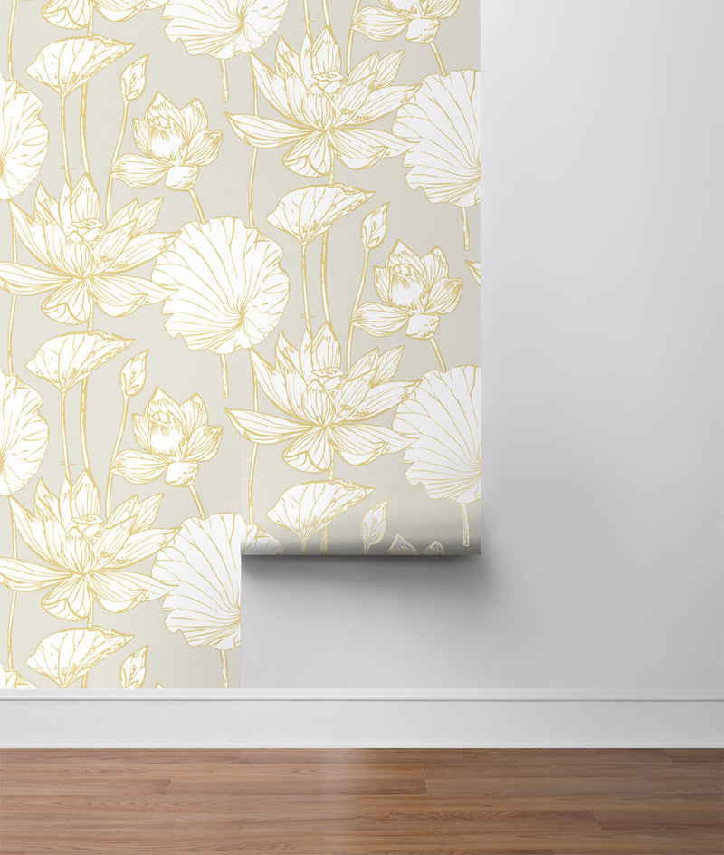 media image for Lotus Floral Peel-and-Stick Wallpaper in Gold and Grey by NextWall 242