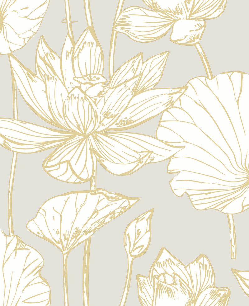 media image for sample lotus floral peel and stick wallpaper in gold and grey by nextwall 1 289