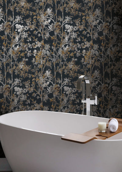 product image for Shimmering Foliage Wallpaper in Black/Multi from the Modern Metals Second Edition 65