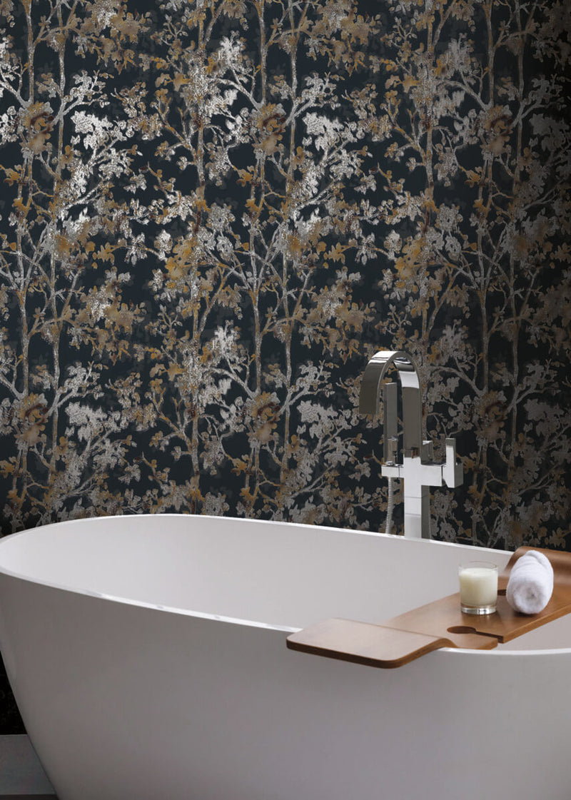 media image for Shimmering Foliage Wallpaper in Black/Multi from the Modern Metals Second Edition 29
