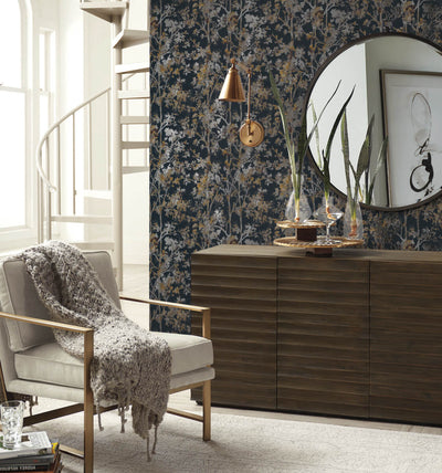 product image for Shimmering Foliage Wallpaper in Black/Multi from the Modern Metals Second Edition 89