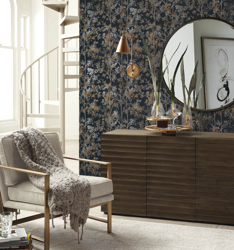 media image for Shimmering Foliage Wallpaper in Black/Multi from the Modern Metals Second Edition 233