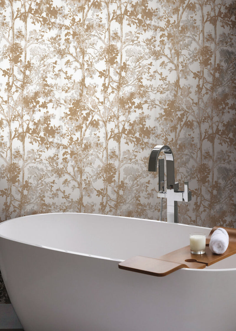 media image for Shimmering Foliage Wallpaper in White/Gold from the Modern Metals Second Edition 268
