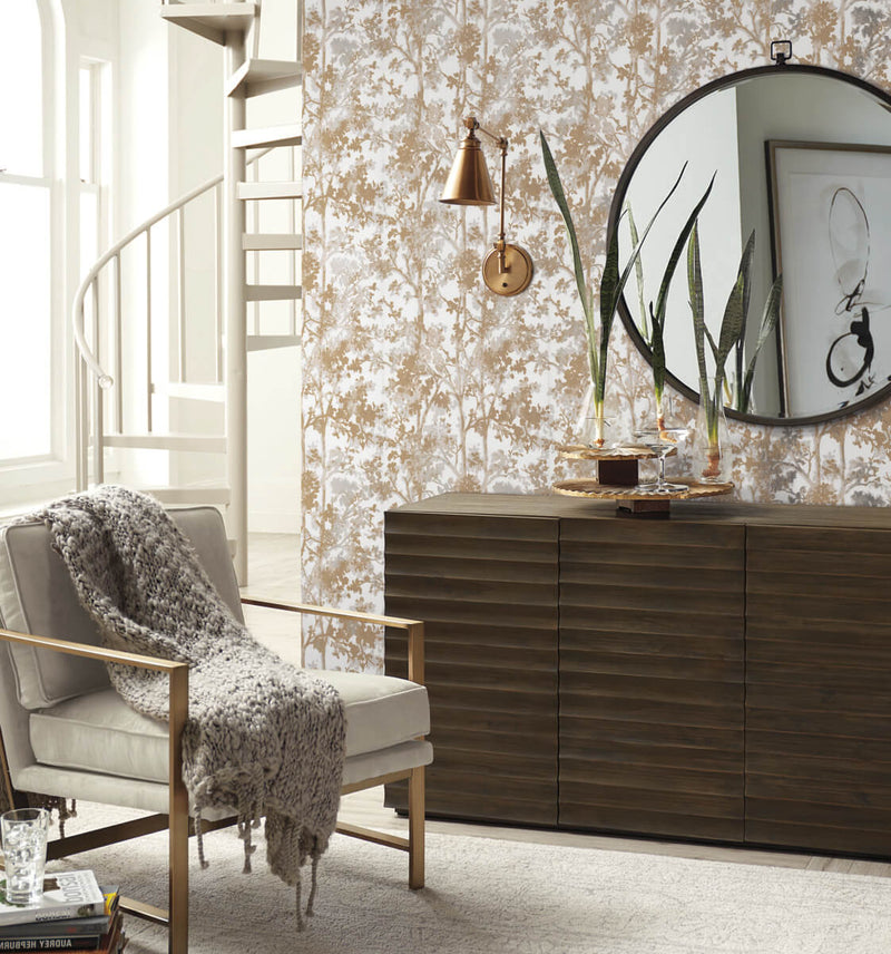 media image for Shimmering Foliage Wallpaper in White/Gold from the Modern Metals Second Edition 253