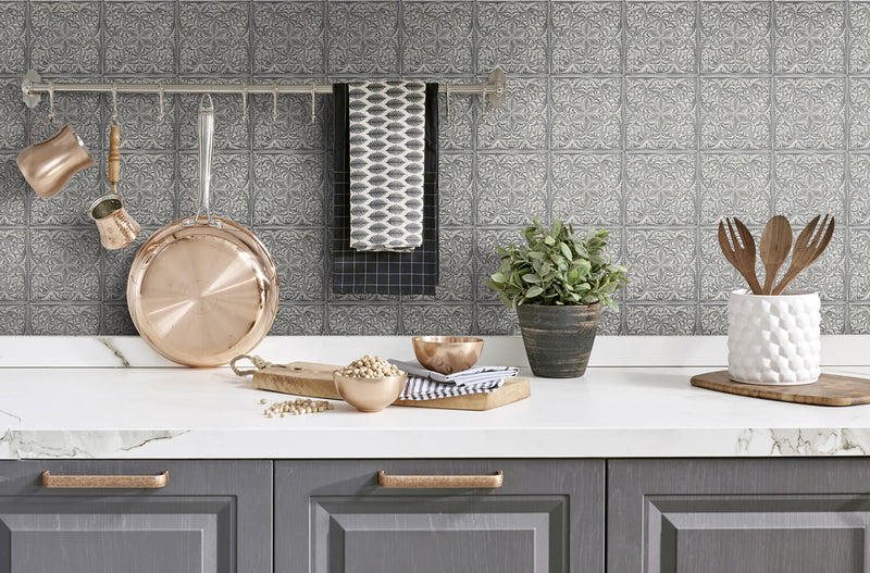 media image for Faux Embossed Tile Peel-and-Stick Wallpaper in Silver and Charcoal by NextWall 276