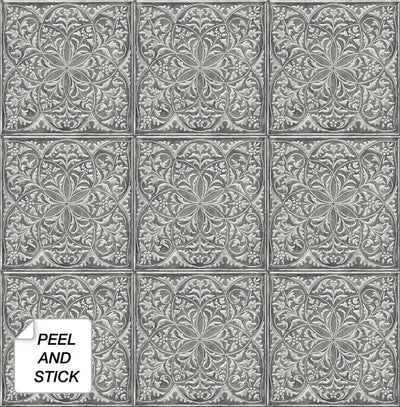 product image for Faux Embossed Tile Peel-and-Stick Wallpaper in Silver and Charcoal by NextWall 39