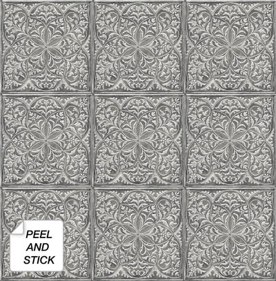 product image for Faux Embossed Tile Peel-and-Stick Wallpaper in Silver and Charcoal by NextWall 77