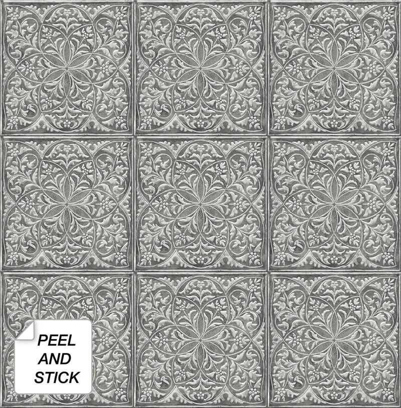 media image for Faux Embossed Tile Peel-and-Stick Wallpaper in Silver and Charcoal by NextWall 270