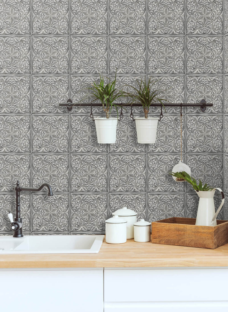media image for Faux Embossed Tile Peel-and-Stick Wallpaper in Silver and Charcoal by NextWall 261