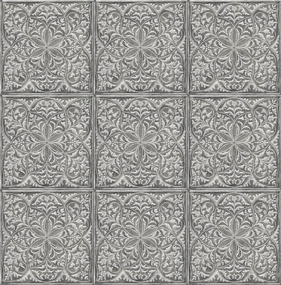 product image for Faux Embossed Tile Peel-and-Stick Wallpaper in Silver and Charcoal by NextWall 45