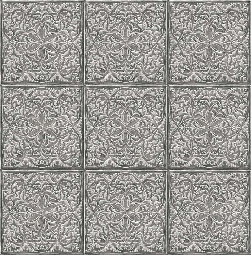 media image for Faux Embossed Tile Peel-and-Stick Wallpaper in Silver and Charcoal by NextWall 227