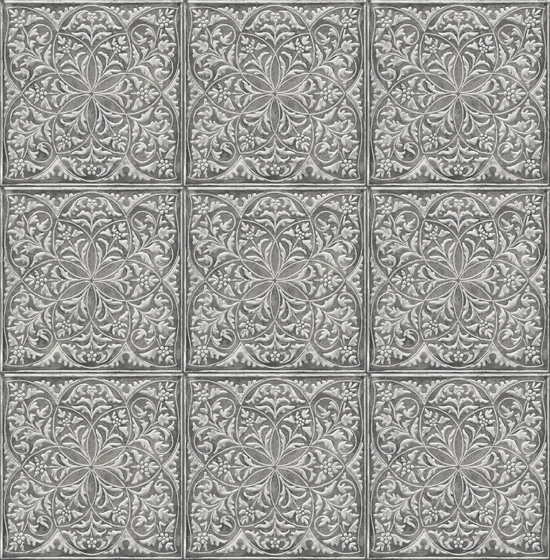 media image for Faux Embossed Tile Peel-and-Stick Wallpaper in Silver and Charcoal by NextWall 291
