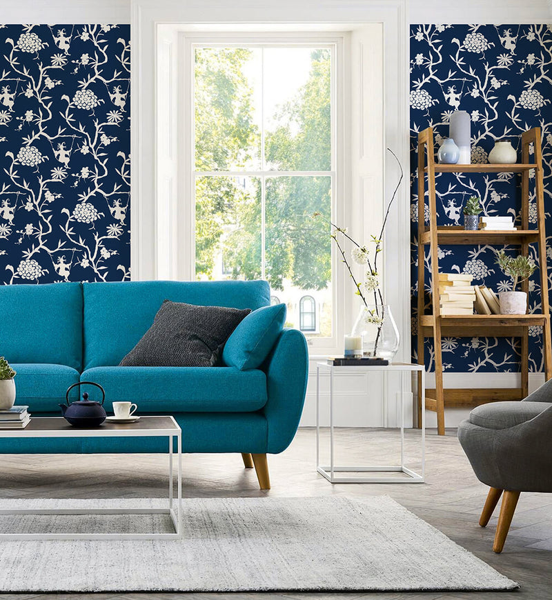 media image for Chinoiserie Silhouette Peel-and-Stick Wallpaper in Navy by NextWall 247