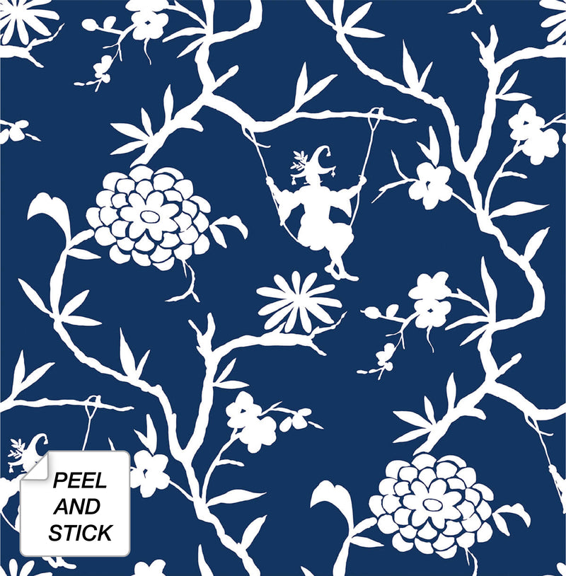media image for Chinoiserie Silhouette Peel-and-Stick Wallpaper in Navy by NextWall 291