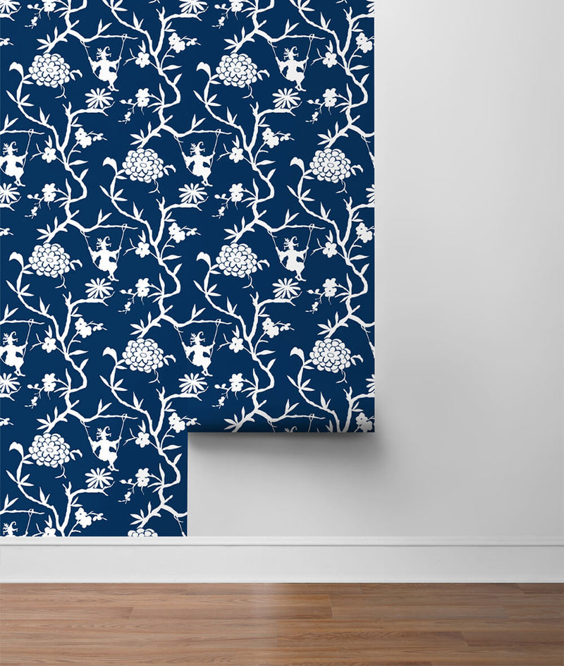 media image for Chinoiserie Silhouette Peel-and-Stick Wallpaper in Navy by NextWall 281