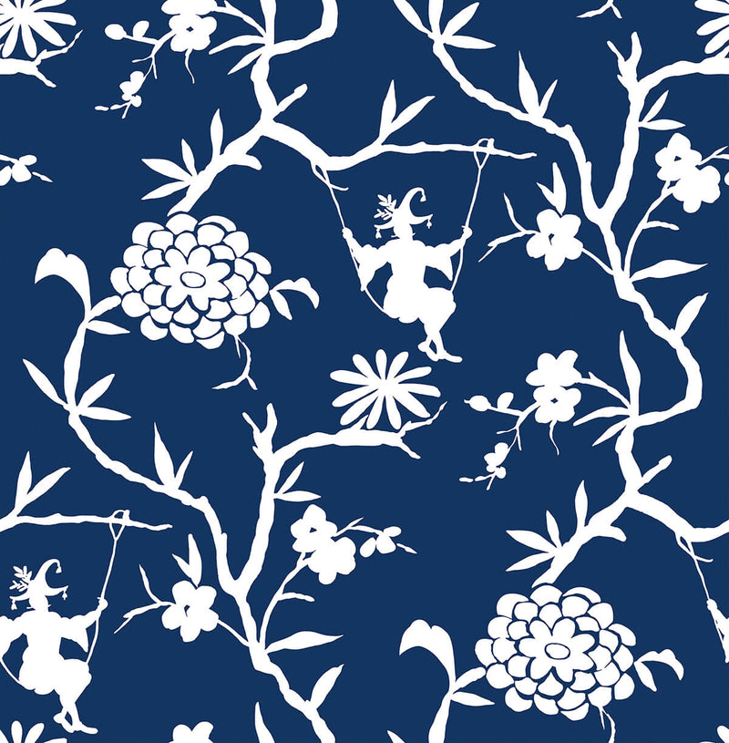 media image for sample chinoiserie silhouette peel and stick wallpaper in navy by nextwall 1 285