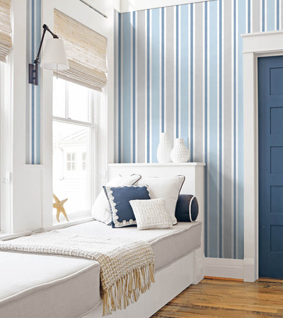 product image for Linen Cut Stripe Peel-and-Stick Wallpaper in Bluebird and Carrara by NextWall 48
