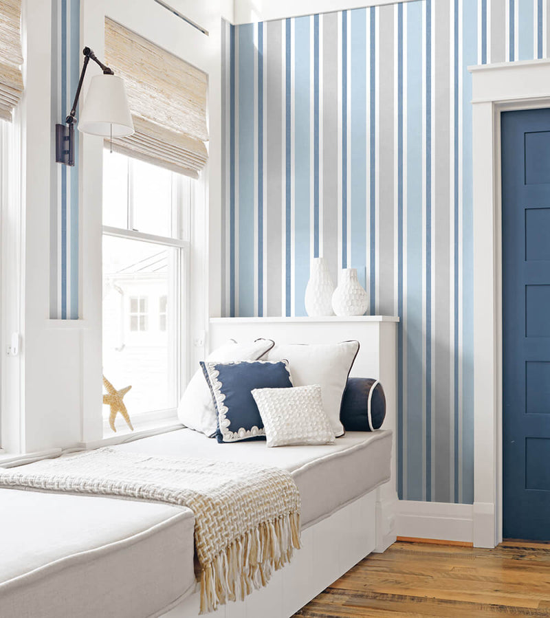 media image for Linen Cut Stripe Peel-and-Stick Wallpaper in Bluebird and Carrara by NextWall 234