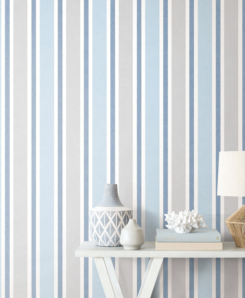 Shop Linen Cut Stripe PeelandStick Wallpaper in Bluebird and Carrara