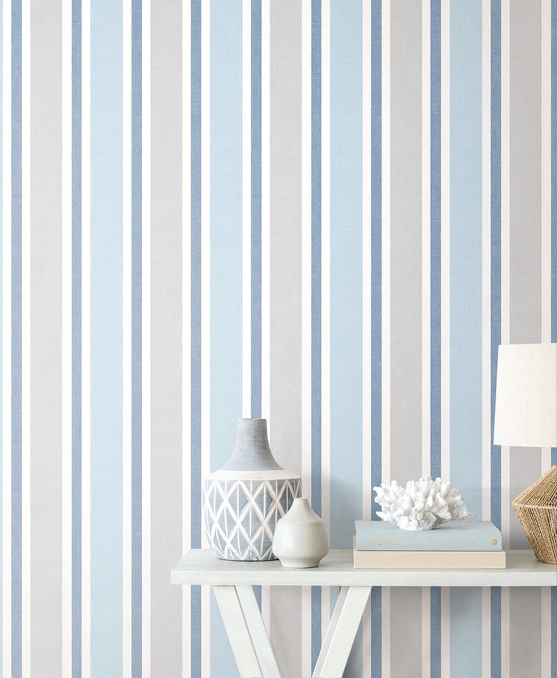 media image for Linen Cut Stripe Peel-and-Stick Wallpaper in Bluebird and Carrara by NextWall 275
