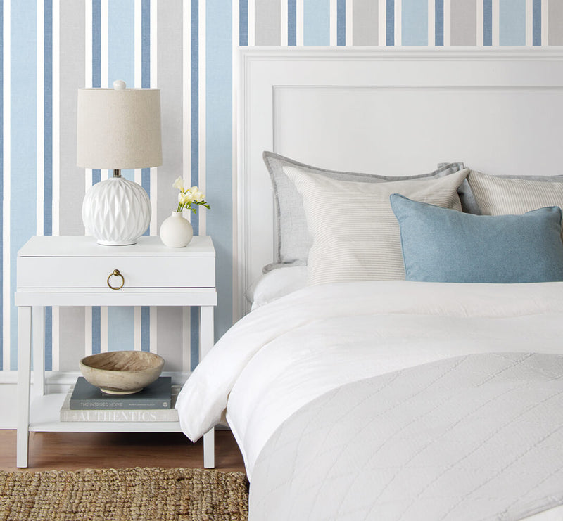 media image for Linen Cut Stripe Peel-and-Stick Wallpaper in Bluebird and Carrara by NextWall 273