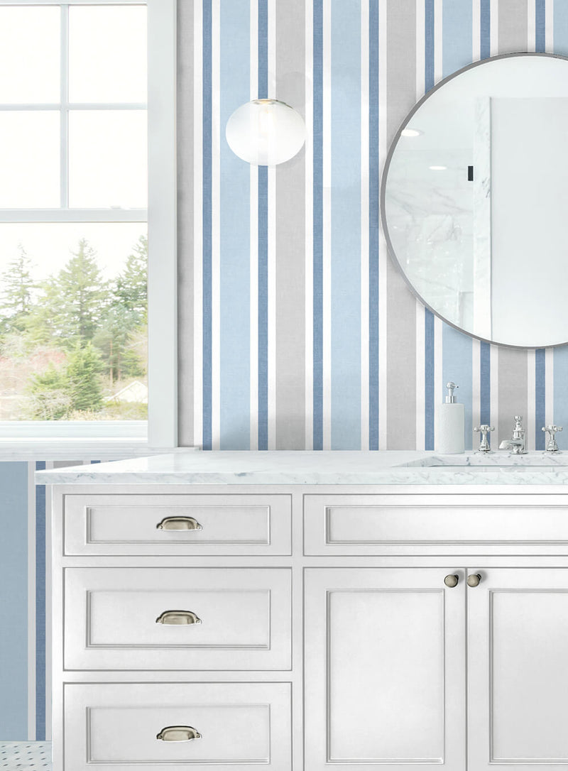 media image for Linen Cut Stripe Peel-and-Stick Wallpaper in Bluebird and Carrara by NextWall 217