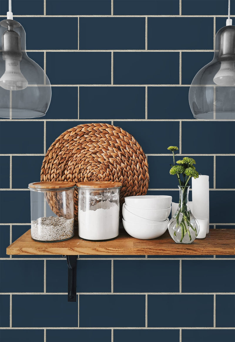 media image for Retro Subway Tile Peel-and-Stick Wallpaper in Navy by NextWall 24