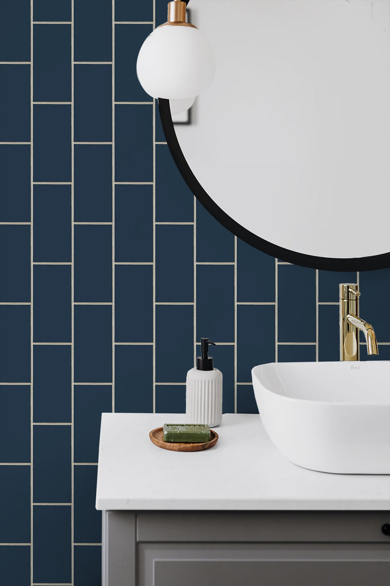 media image for Retro Subway Tile Peel-and-Stick Wallpaper in Navy by NextWall 25