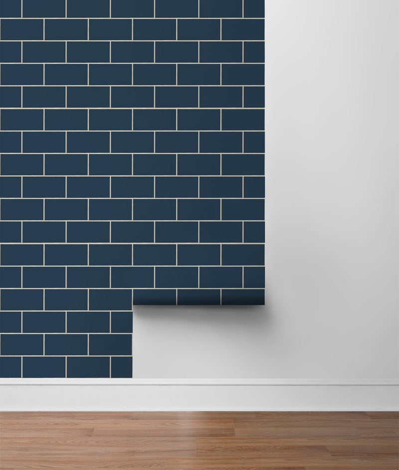 media image for Retro Subway Tile Peel-and-Stick Wallpaper in Navy by NextWall 261
