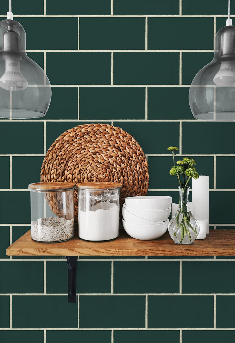 media image for Retro Subway Tile Peel-and-Stick Wallpaper in Evergreen by NextWall 280