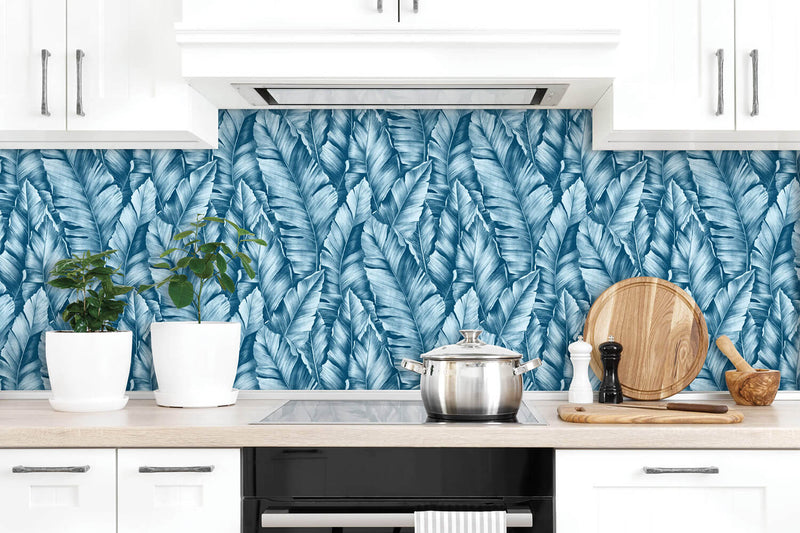 media image for Baha Banana Leaves Peel-and-Stick Wallpaper in Regatta Blue by NextWall 248