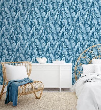 product image for Baha Banana Leaves Peel-and-Stick Wallpaper in Regatta Blue by NextWall 18