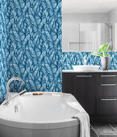 product image for Baha Banana Leaves Peel-and-Stick Wallpaper in Regatta Blue by NextWall 72