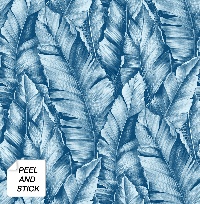 media image for Baha Banana Leaves Peel-and-Stick Wallpaper in Regatta Blue by NextWall 294