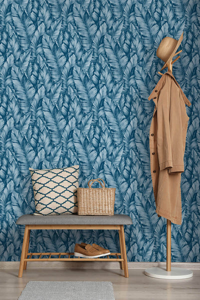 product image for Baha Banana Leaves Peel-and-Stick Wallpaper in Regatta Blue by NextWall 60