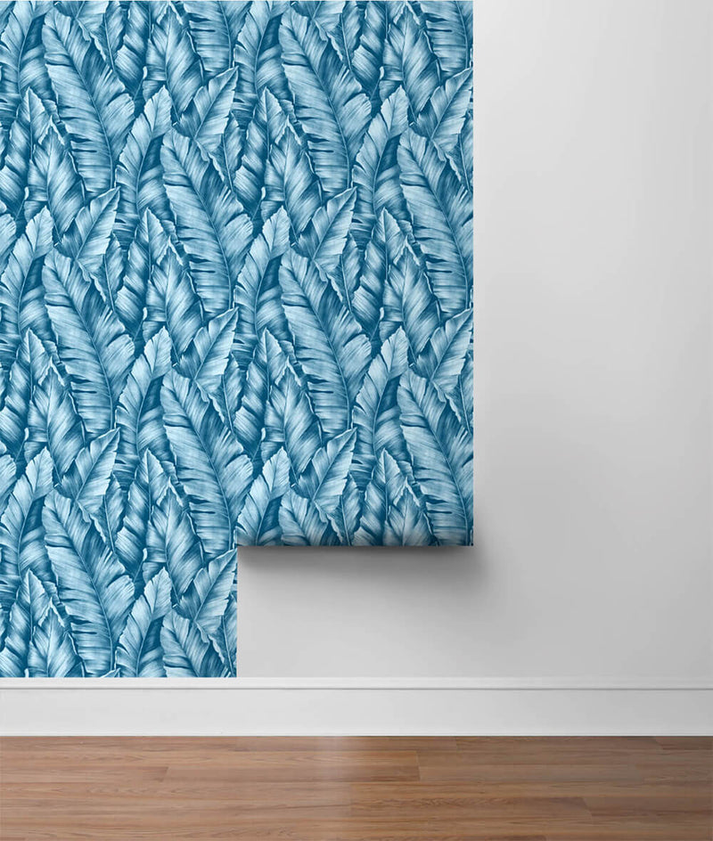 media image for Baha Banana Leaves Peel-and-Stick Wallpaper in Regatta Blue by NextWall 290