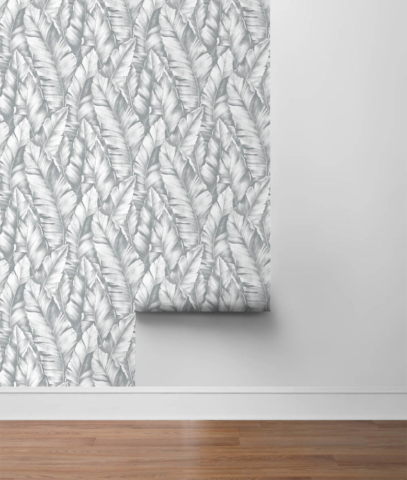 media image for Baha Banana Leaves Peel-and-Stick Wallpaper in Daydream Grey by NextWall 23
