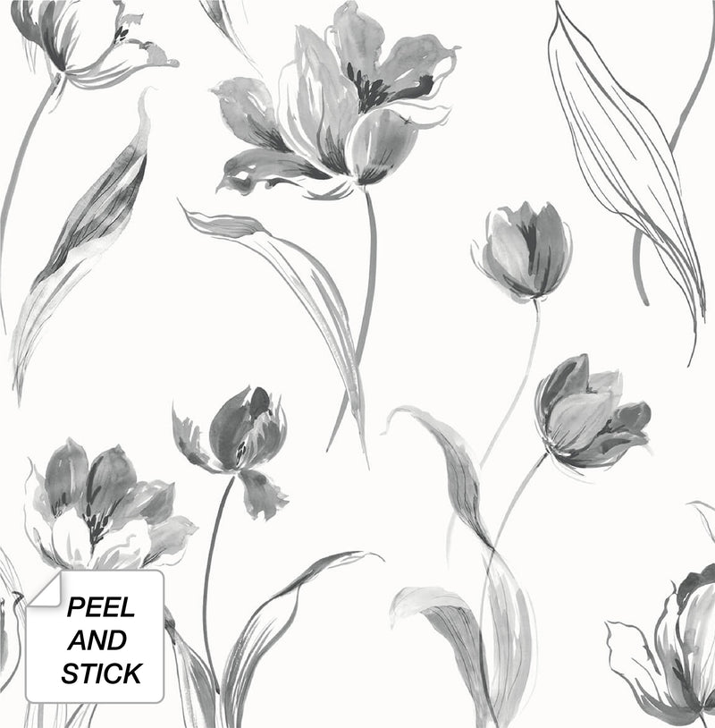 media image for Tulip Toss Peel-and-Stick Wallpaper in Black and White by NextWall 213