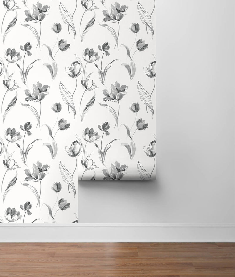 media image for Tulip Toss Peel-and-Stick Wallpaper in Black and White by NextWall 287
