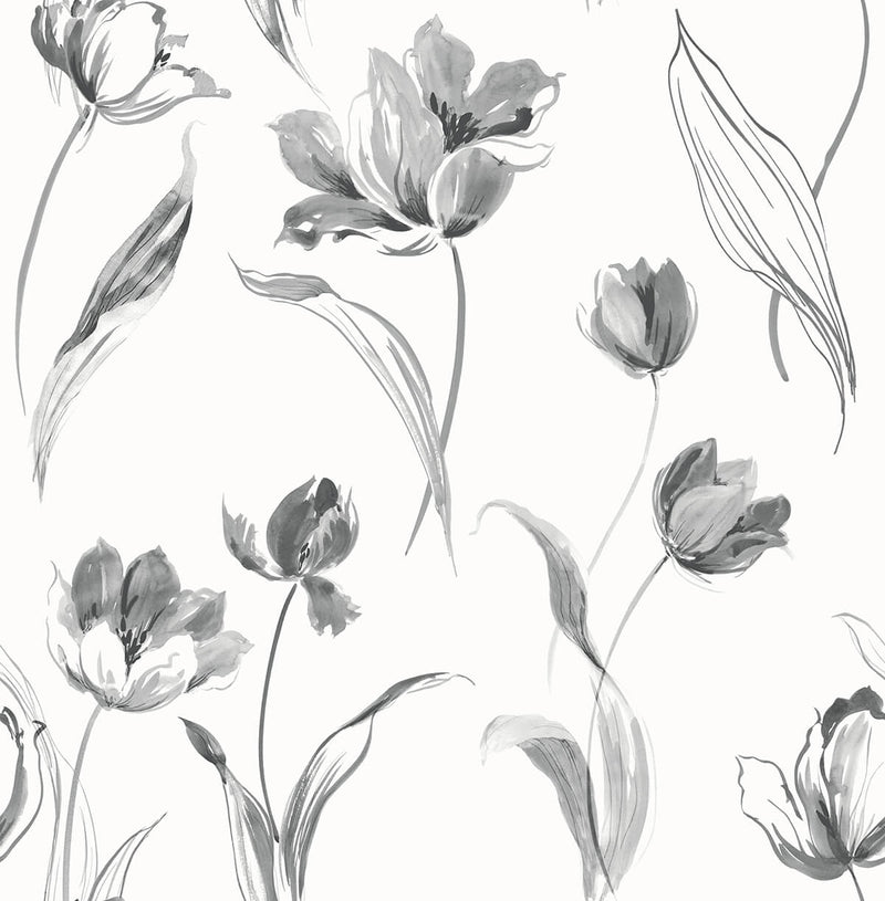 media image for Tulip Toss Peel-and-Stick Wallpaper in Black and White by NextWall 220