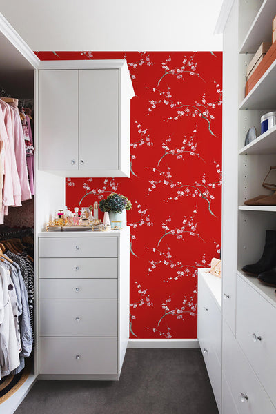 product image for Cherry Blossom Floral Peel-and-Stick Wallpaper in Scarlet and Petal Pink by NextWall 10