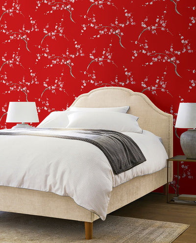 product image for Cherry Blossom Floral Peel-and-Stick Wallpaper in Scarlet and Petal Pink by NextWall 1