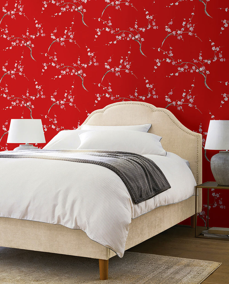 media image for Cherry Blossom Floral Peel-and-Stick Wallpaper in Scarlet and Petal Pink by NextWall 294