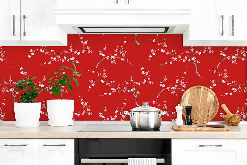 media image for Cherry Blossom Floral Peel-and-Stick Wallpaper in Scarlet and Petal Pink by NextWall 22