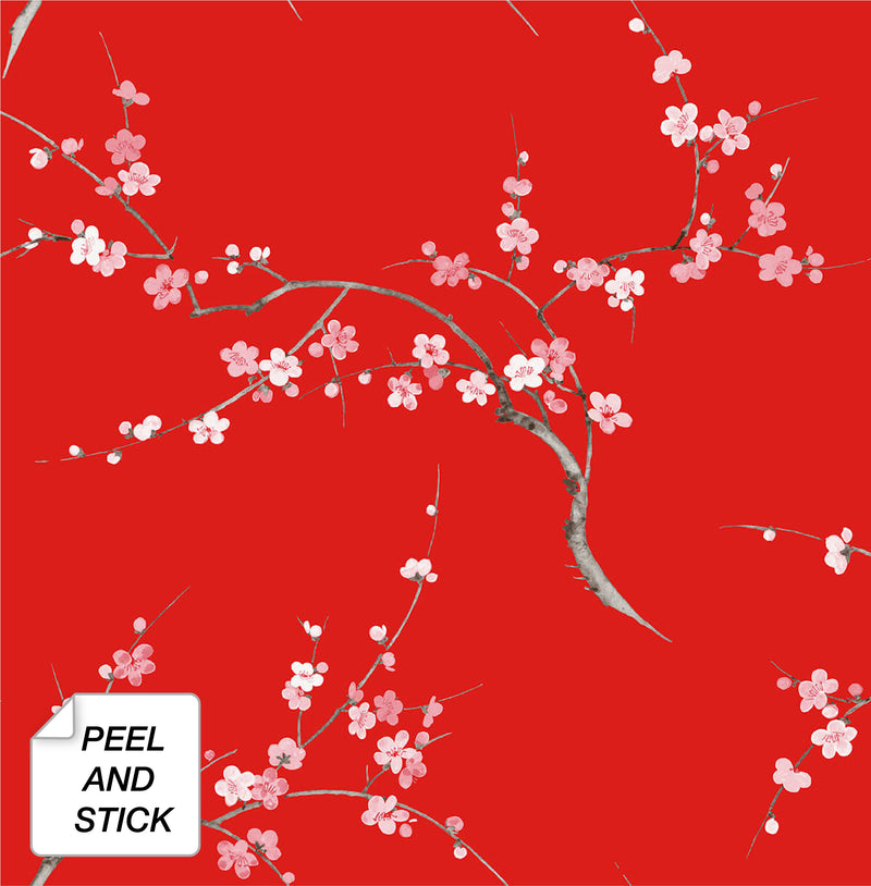 media image for Cherry Blossom Floral Peel-and-Stick Wallpaper in Scarlet and Petal Pink by NextWall 211