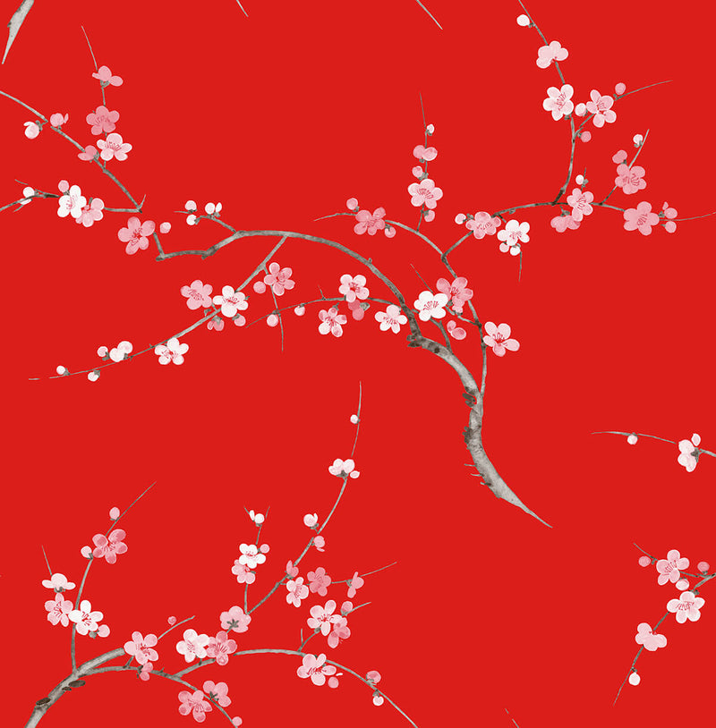 media image for Cherry Blossom Floral Peel-and-Stick Wallpaper in Scarlet and Petal Pink by NextWall 25