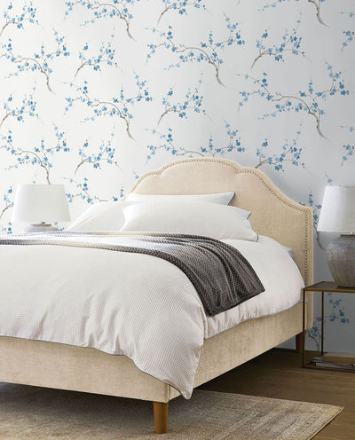 product image for Cherry Blossom Floral Peel-and-Stick Wallpaper in Pacific Blue and White by NextWall 7