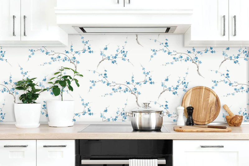media image for Cherry Blossom Floral Peel-and-Stick Wallpaper in Pacific Blue and White by NextWall 219